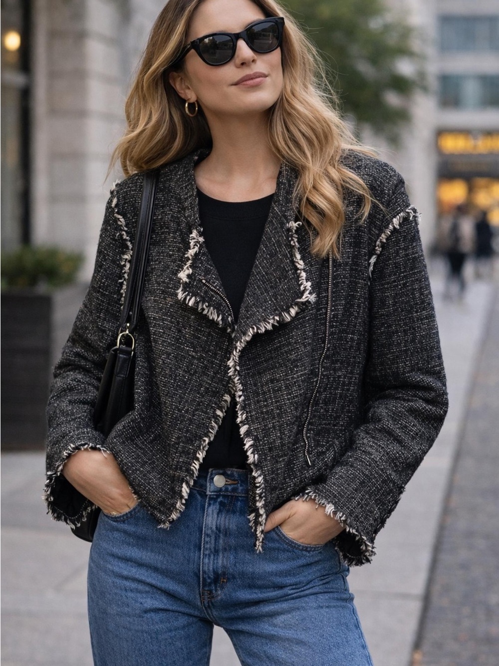 Ann Taylor Black Tweed Fringed Cropped Jacket